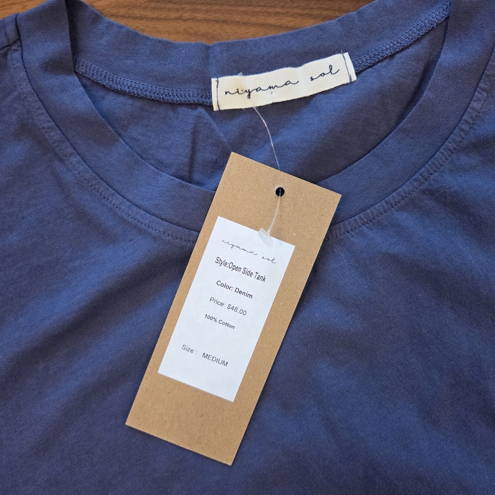 Niyama Sol Open Side Tank - New with Tags - 100% Cotton in Denim Gray Blue - Picture 5 of 7